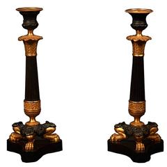 Fine Pair of Patinated and Gilt Bronze French Empire Candlesticks, 19th Century 2