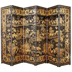 Mid-19th Century Chinese Export Black and Gilt Lacquer Six-Panel Screen