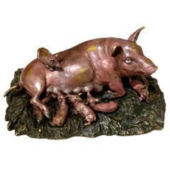 Vintage Gorgeous Vienna Bronze, Five Small Piglets When Suckling, 20th Century