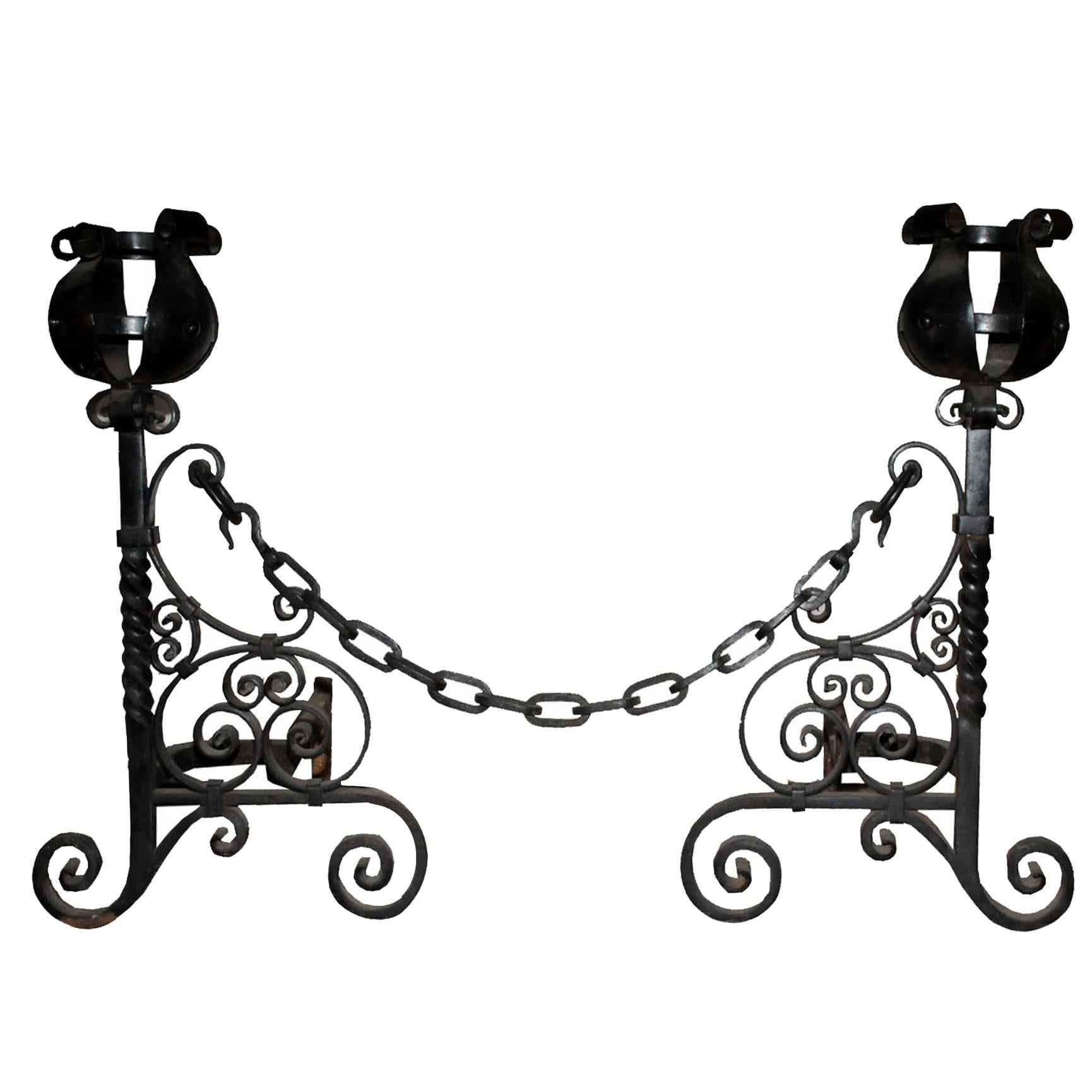 Large Late 19th Century Wrought Andirons  For Sale