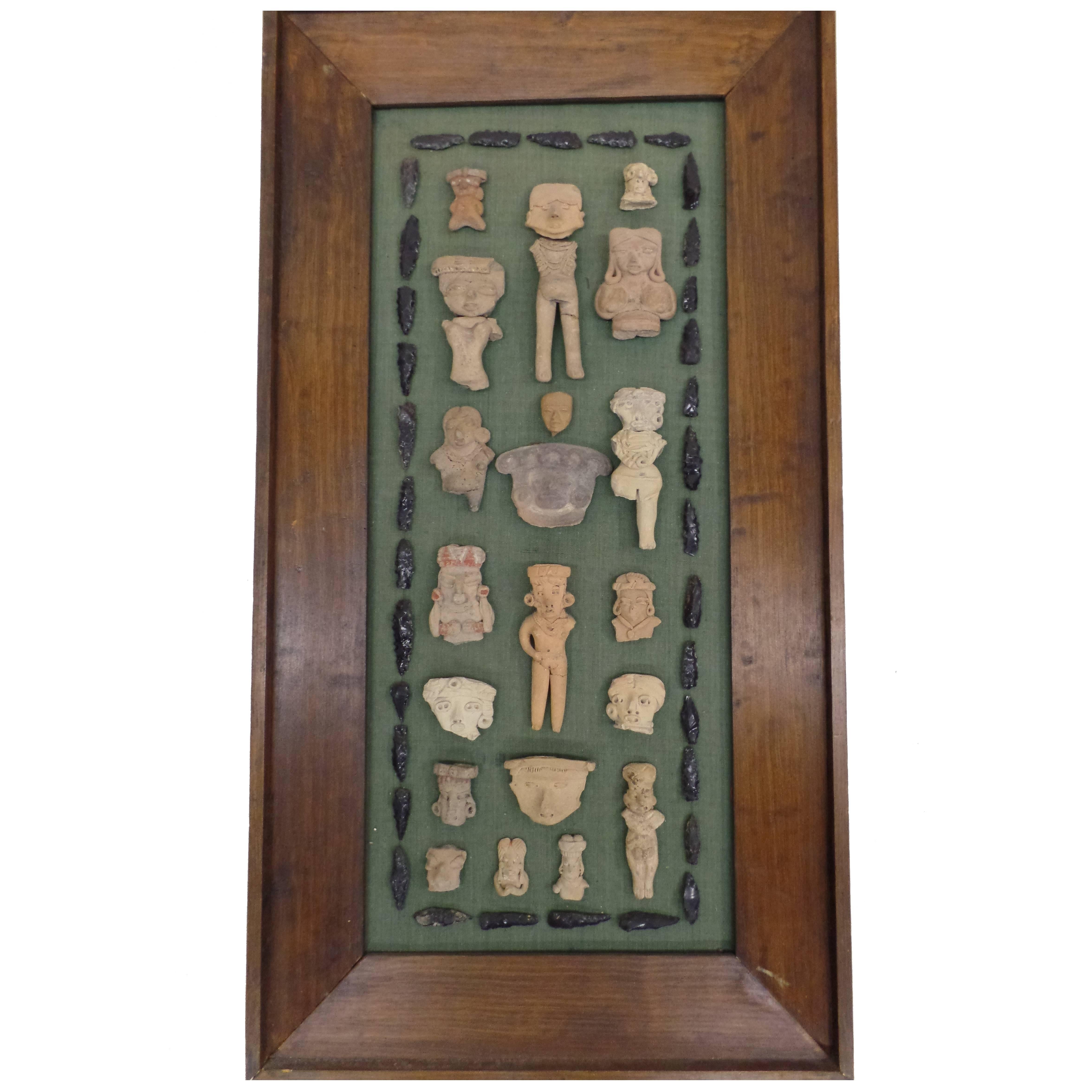 Framed Collection of Mesoamerican Pre-Classic Period Sculptures & Arrow Heads   For Sale