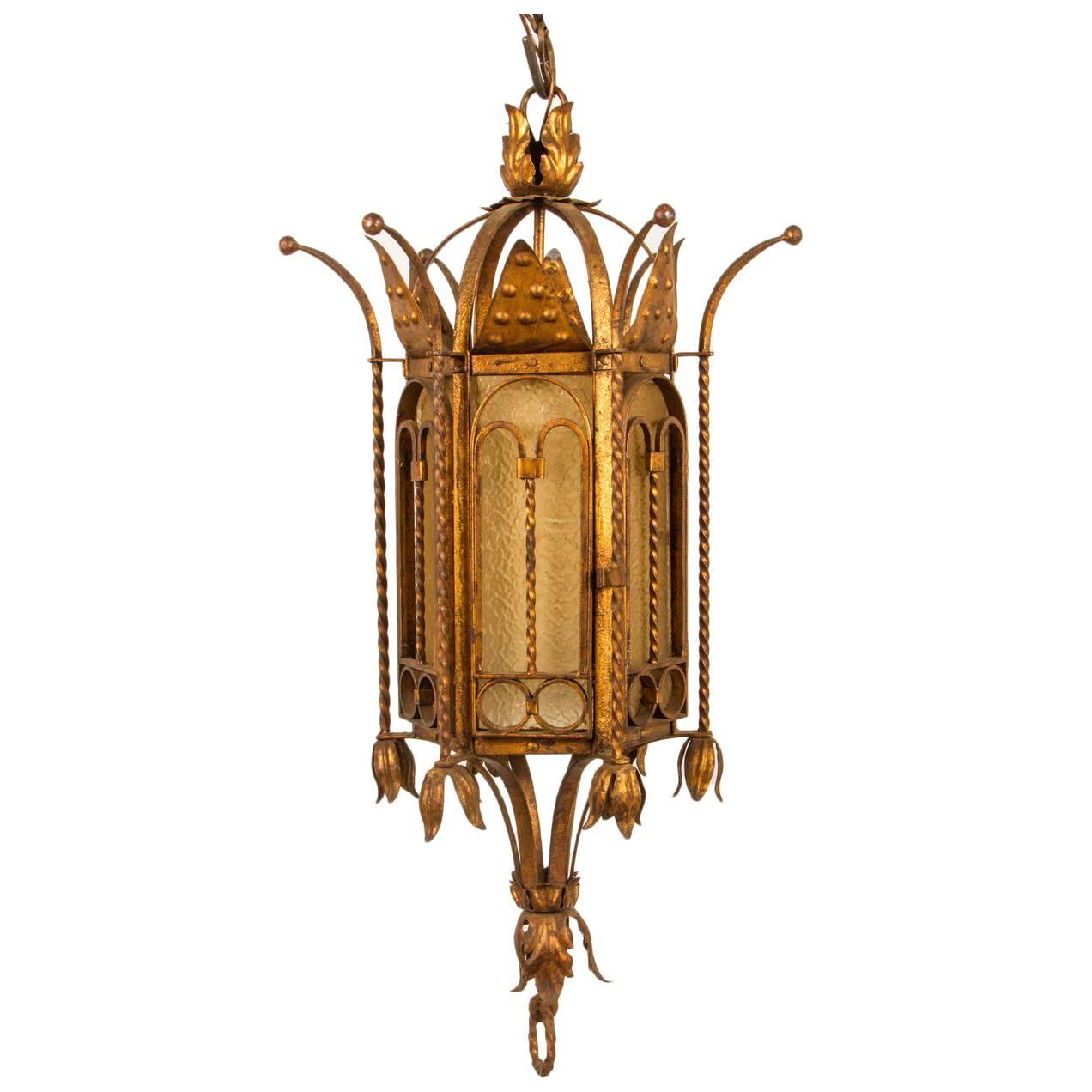 20th Century Gilt Lantern with Glass Panels For Sale