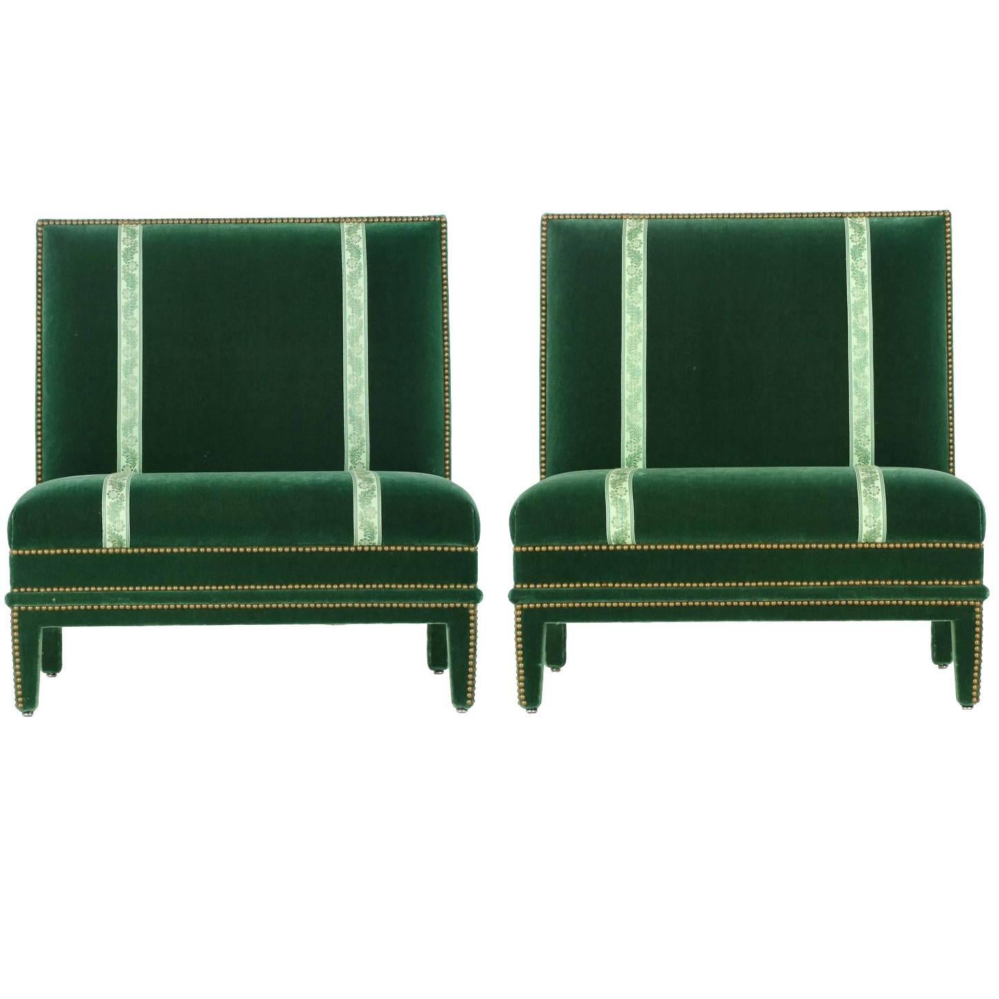 Vintage Pair of Hollywood Regency Studded Green Velvet Armless Chairs