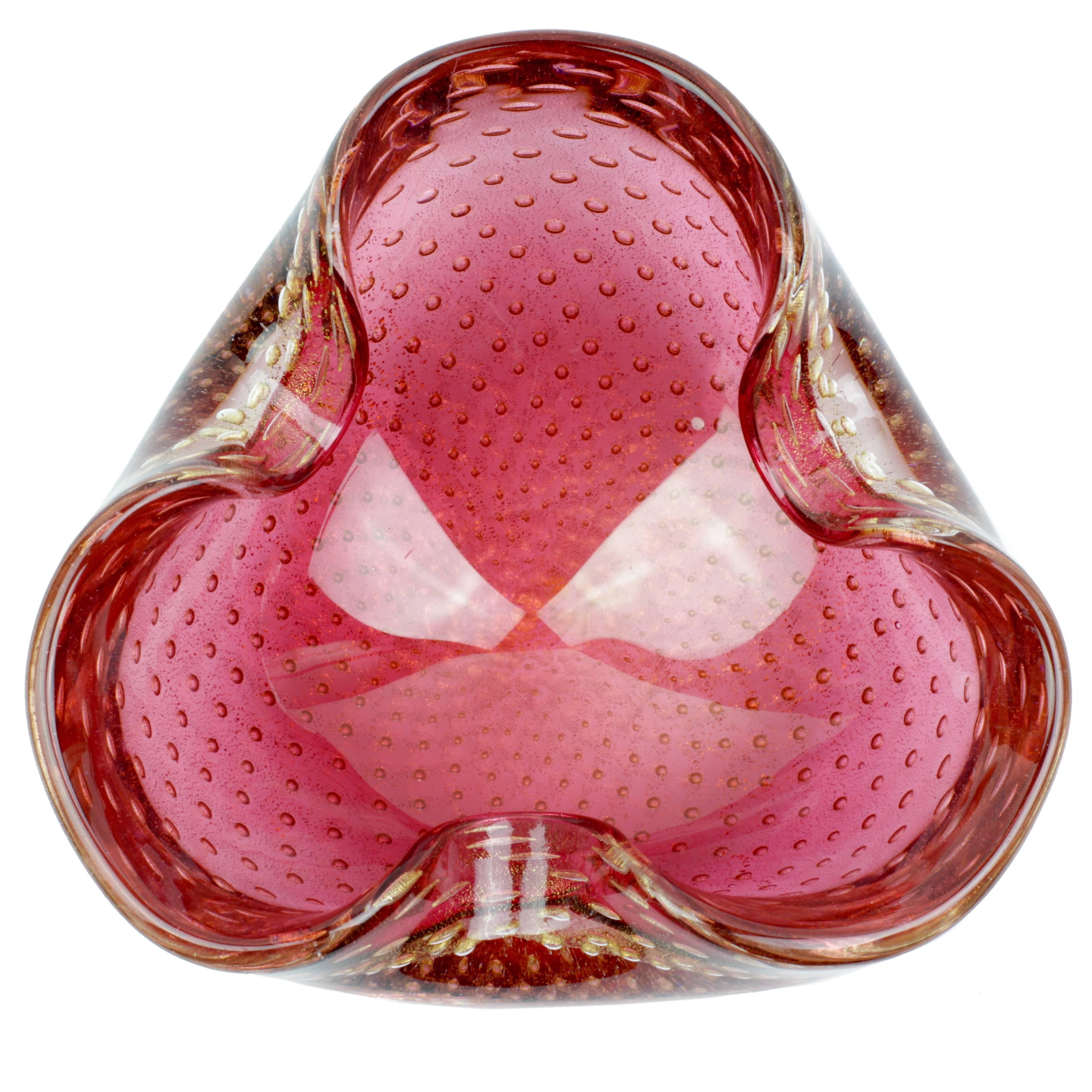 1950s Pink and Gold Biomorphic Bullicante Murano Glass Bowl Attributed to Scarpa