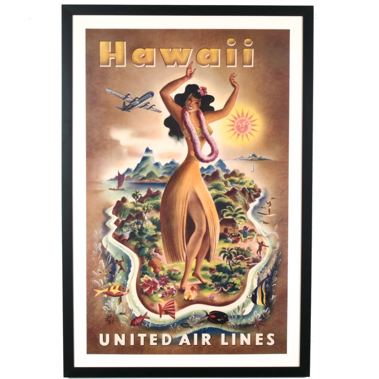 Original 1949 United Air Lines Hawaii Travel Poster Featuring Hula Girl Dancing 