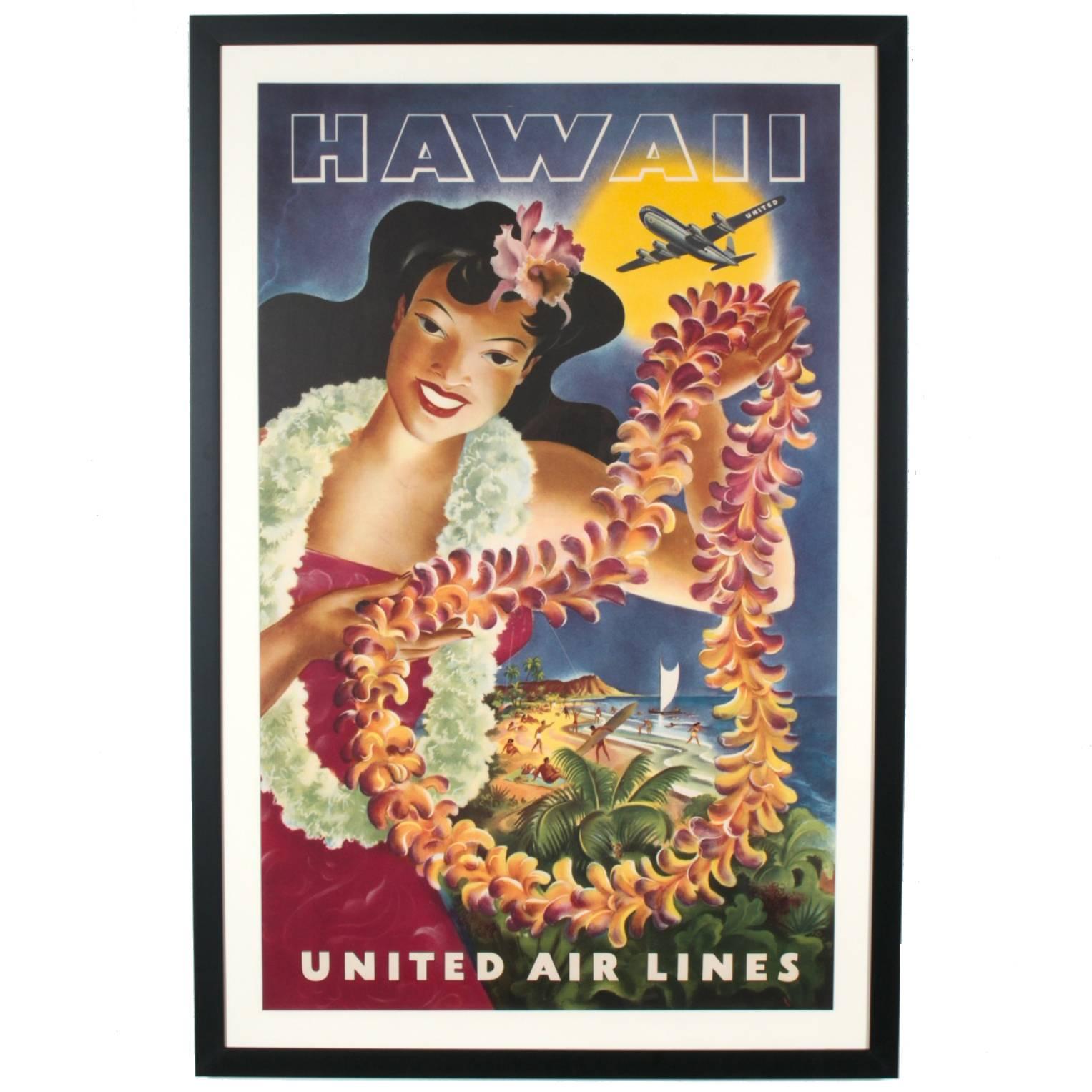 Hawaii Travel Advertising Poster ORIGINAL 1949 United Airlines Hula Girl, Feher 