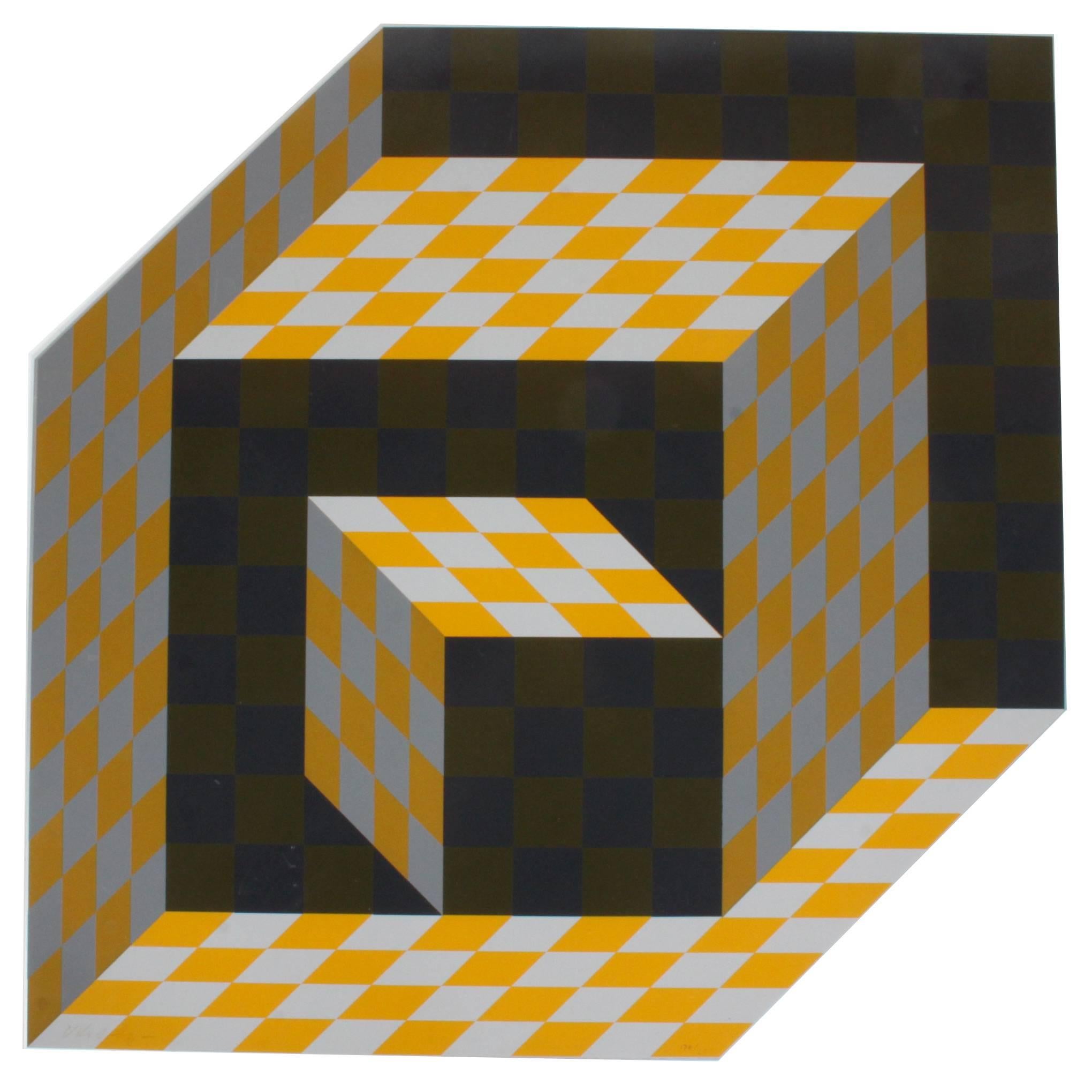 Victor Vasarely "Axo" Screen-Print on Aluminum Sculpture, Signed