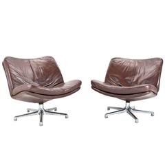1960s Rare Mid-Century Modern Leather Swivel Lounge Chairs by Geoffrey Harcourt