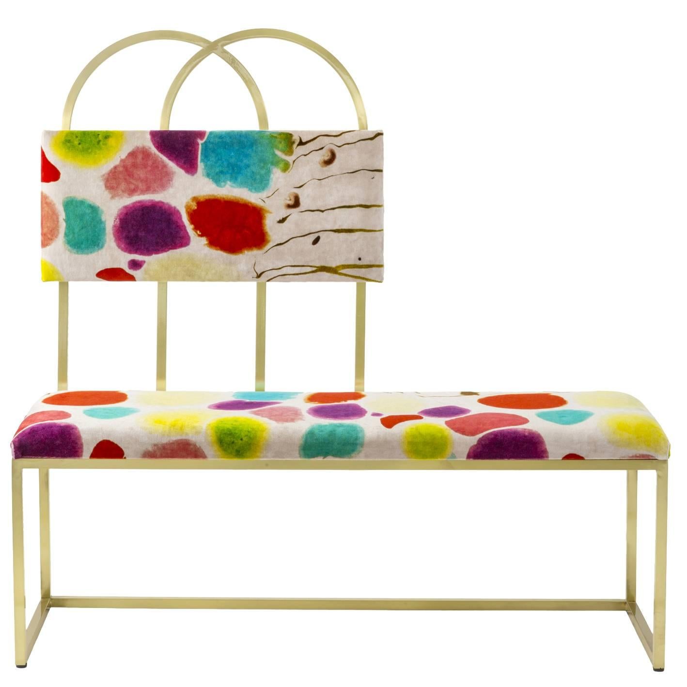 Awaiting M Bench Printed Velvet and Brass For Sale