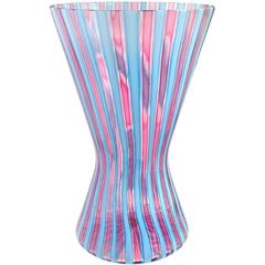 Fratelli Toso Murano Pink Blue Filigrana Italian Art Glass Hourglass Vase
