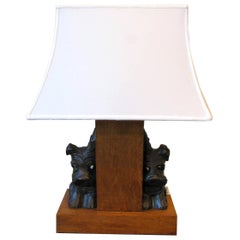 Vintage Scottish Terrier Dog Figures Oak  Rectangular Table Lamp from France