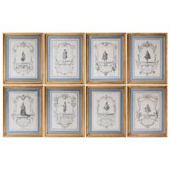 Eight Large Gilt Framed Copper Plate Engravings of The Court of Louis XV, 1730s