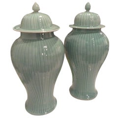 Vintage Pair Ginger Jars Mint Green Celedon Faux Bamboo Pattern Hollywood Regency 