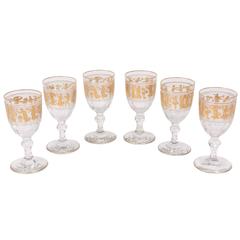 6 Figural Gilded Goblets, Antique Val Saint Lambert, Heavy Cut-Glass