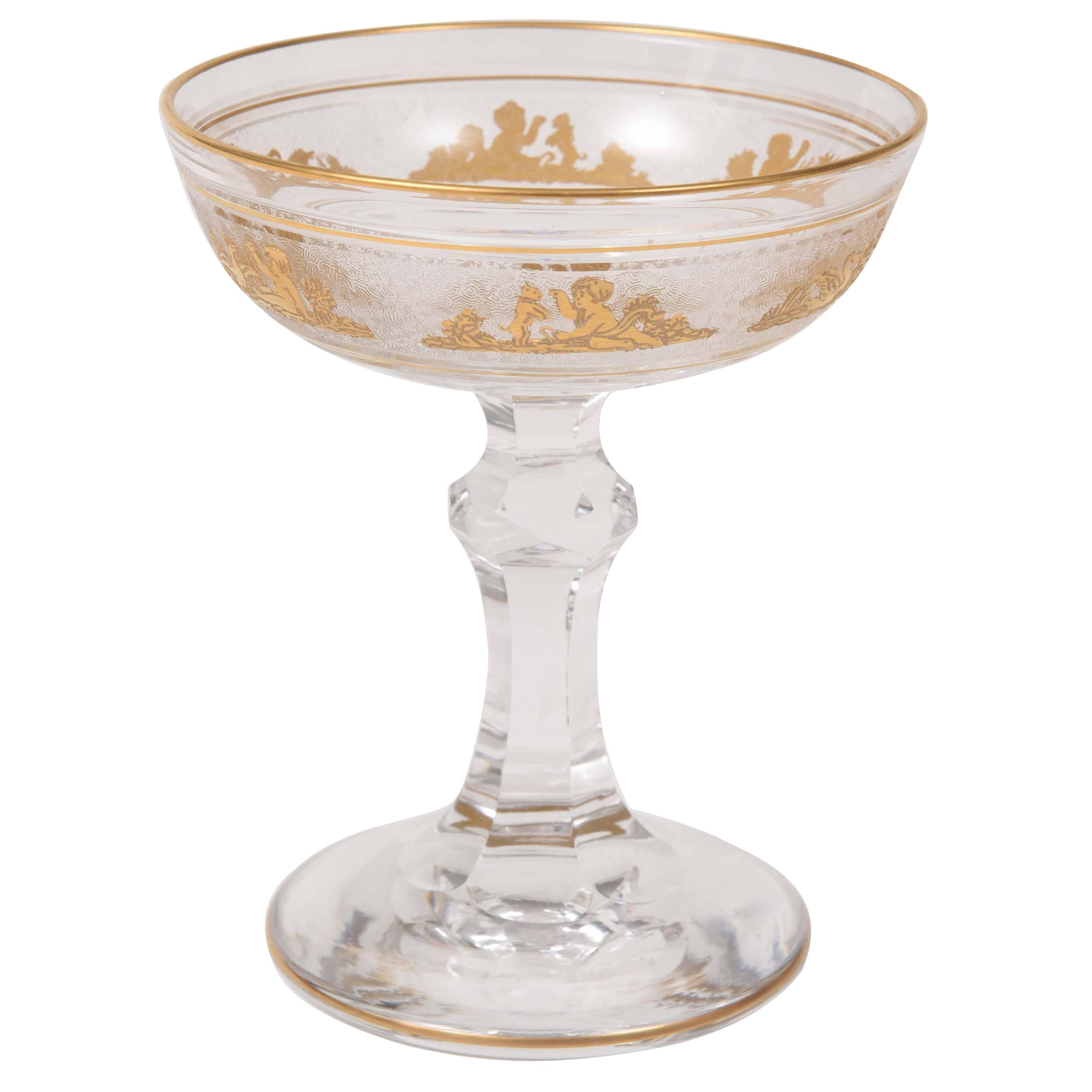 Gilt Champagne Coupe, Val Saint Lambert with Acid Etched Background