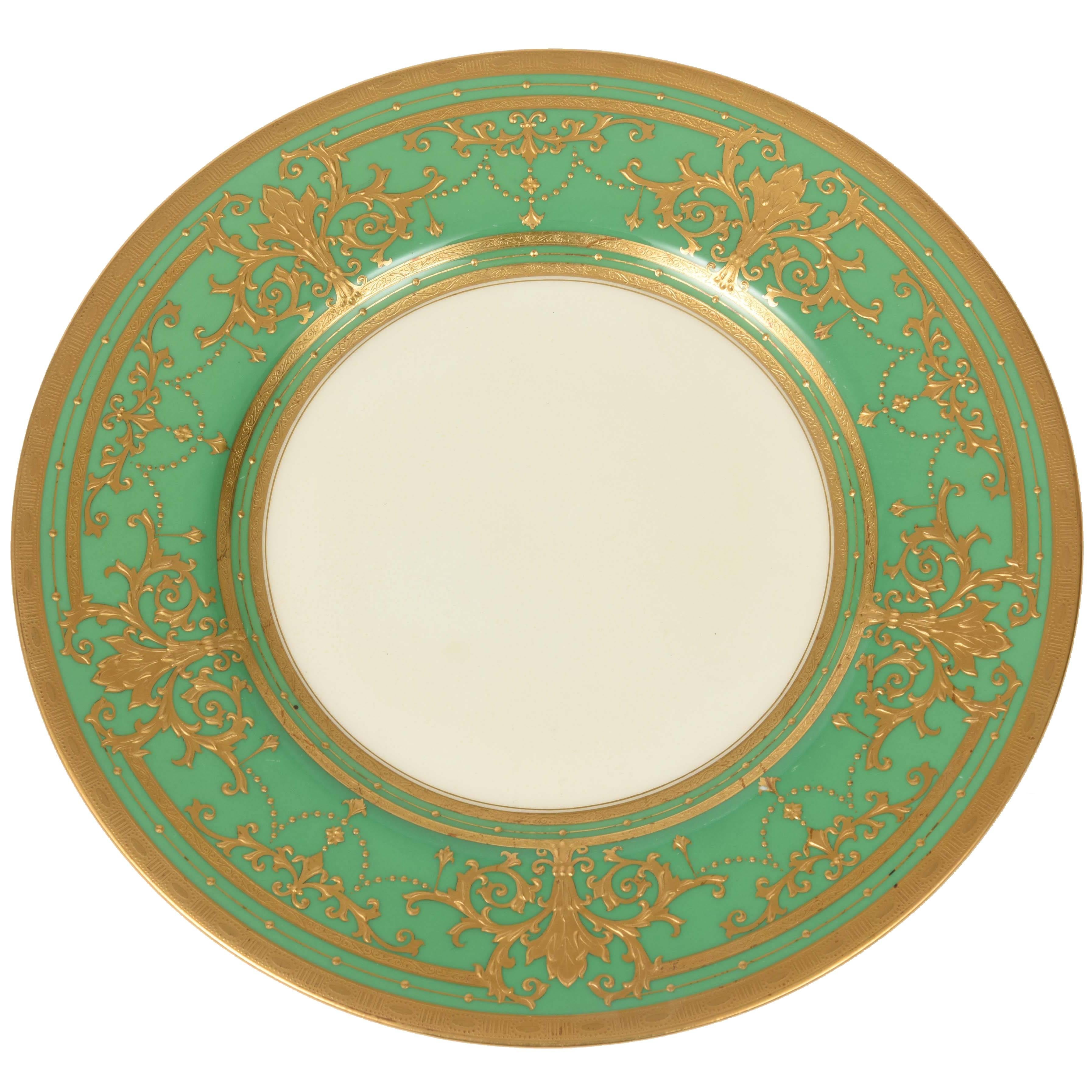 12 Elaborate Gilt Encrusted Antique Green and Gold Dinner Plates by Minton