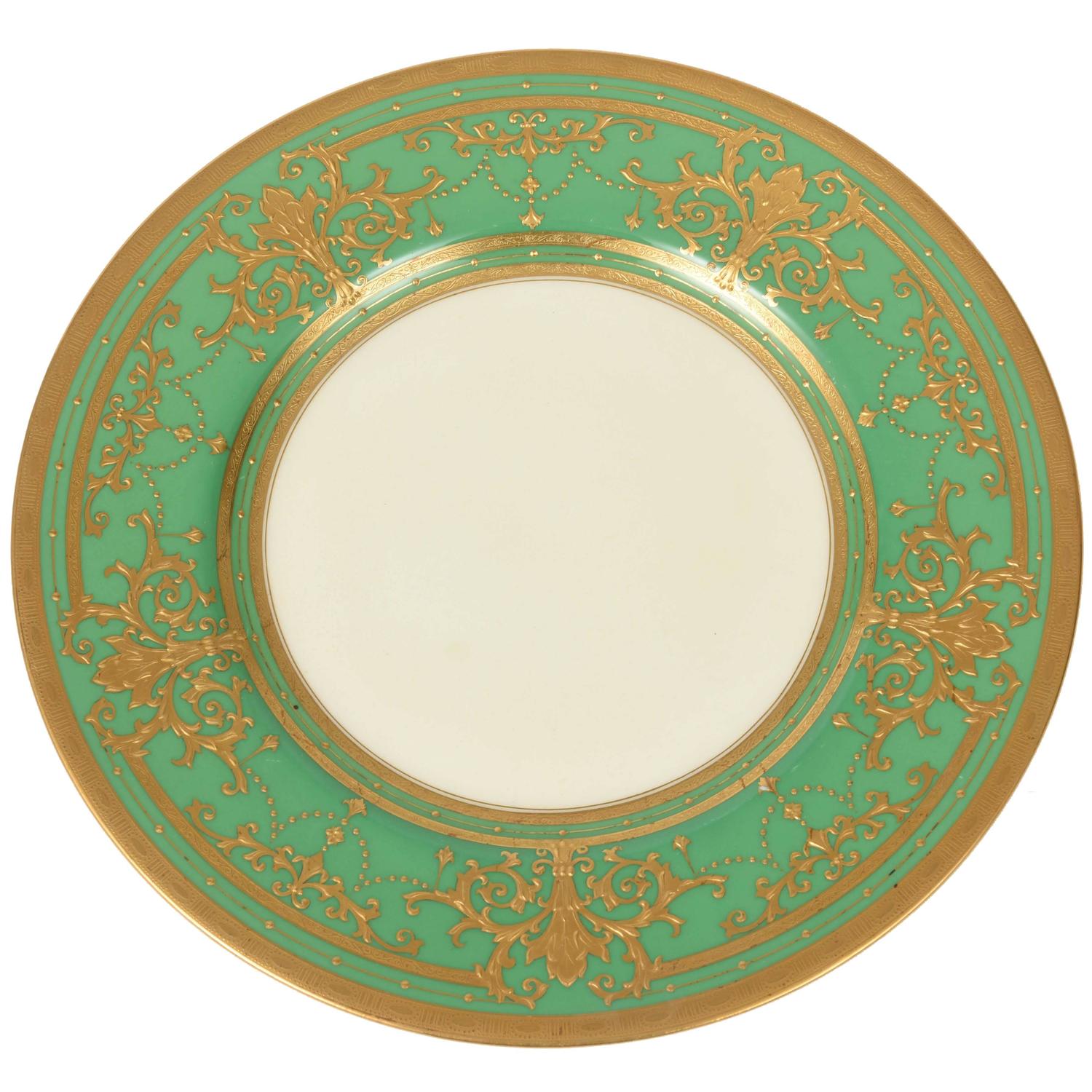 12 Elaborate Gilt Encrusted Antique Green and Gold Dinner Plates by
