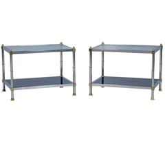 Neoclassical Square Glass and Chrome End Tables