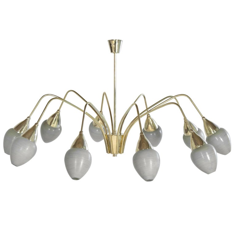 Italian Art Glass Shades and Brass Chandelier For Sale