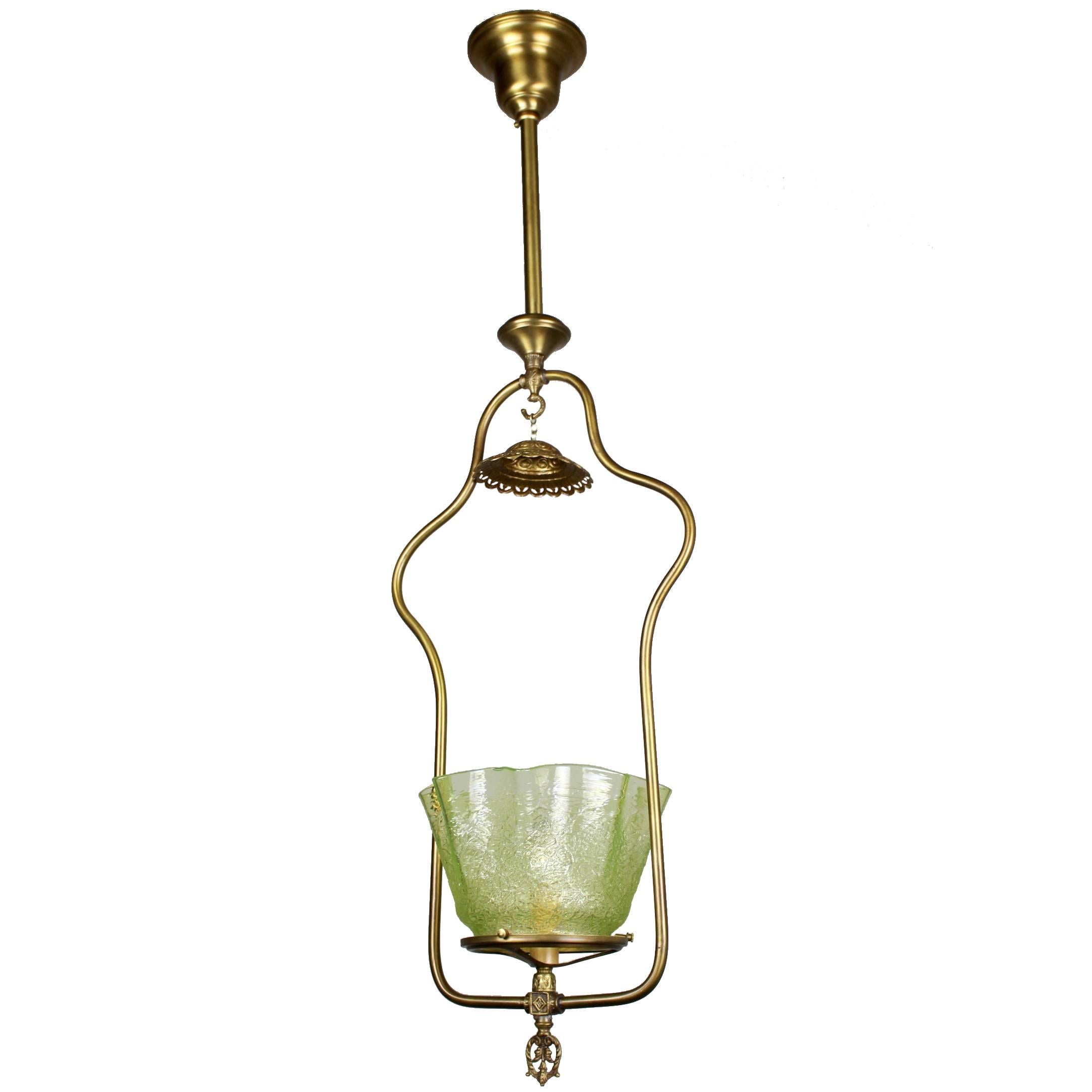 Gas Hall Harp Fixture with Art Glass Shade For Sale