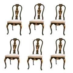 Set of Six Baker Knapp and Tubbs Black Lacquer Chinese Detail Dining Chairs