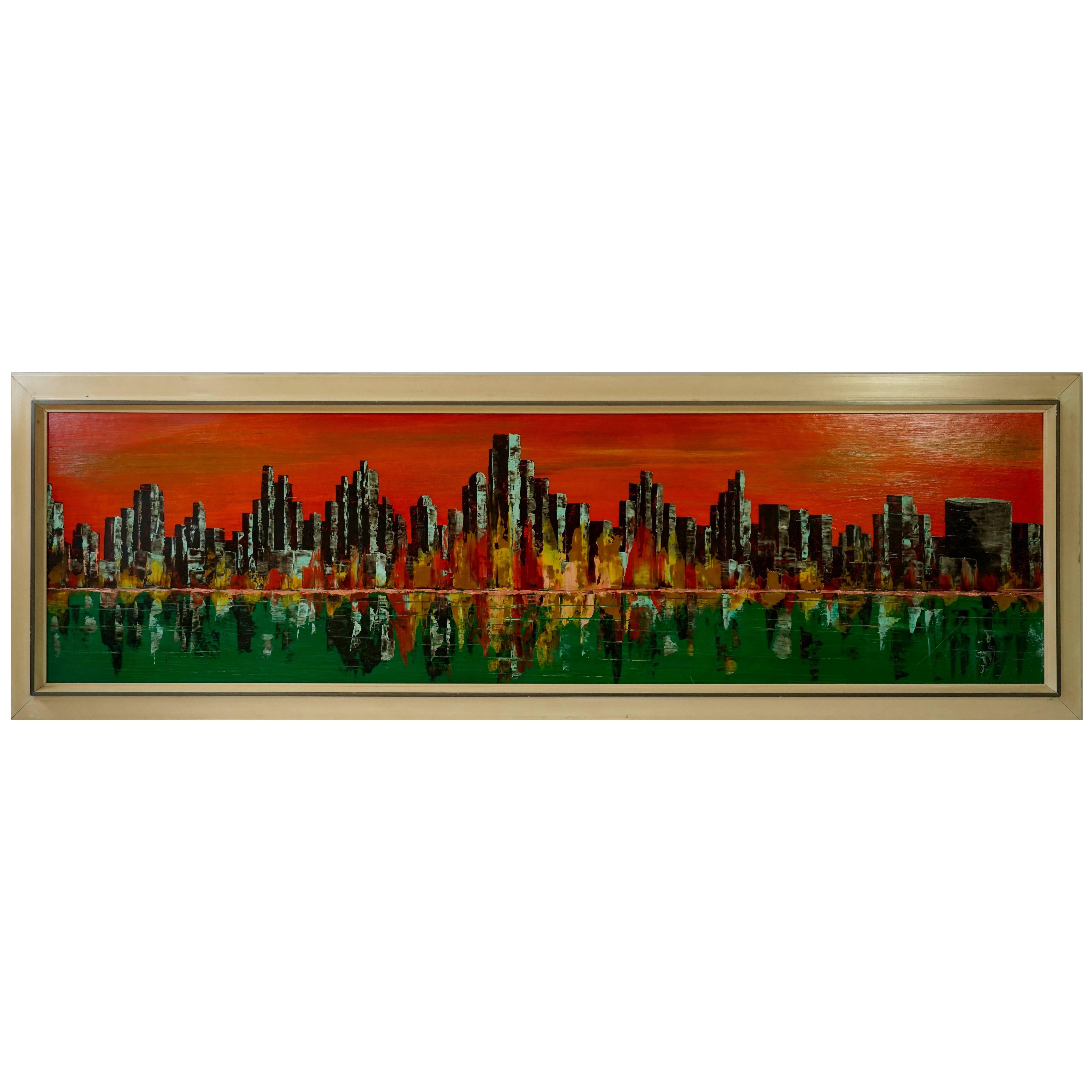 New York Skyline Painting, Signed 1971