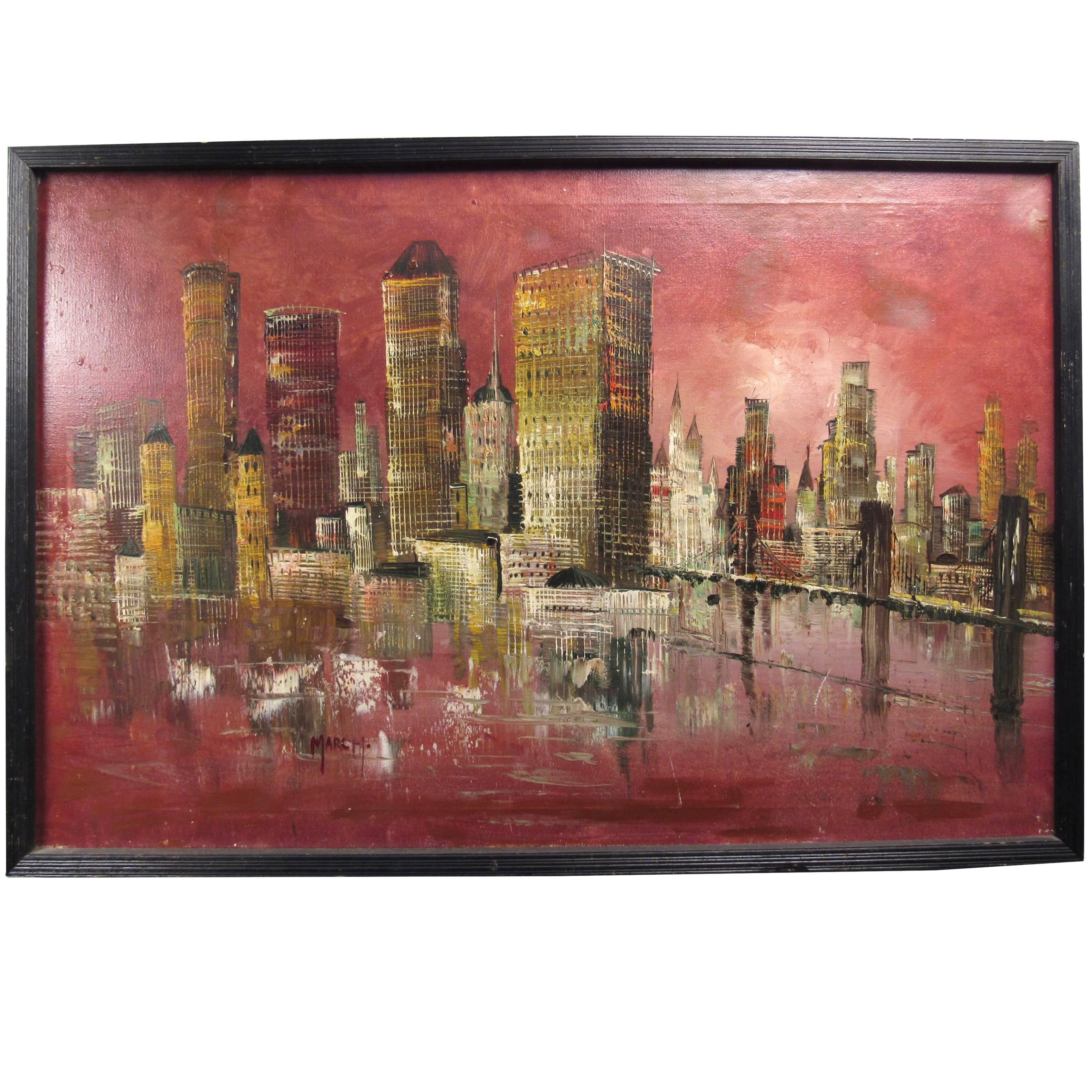 Mid-Century Modern Acrylic Painting of City Skyline, Signed March