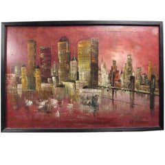 Vintage Mid-Century Modern Acrylic Painting of City Skyline, Signed March