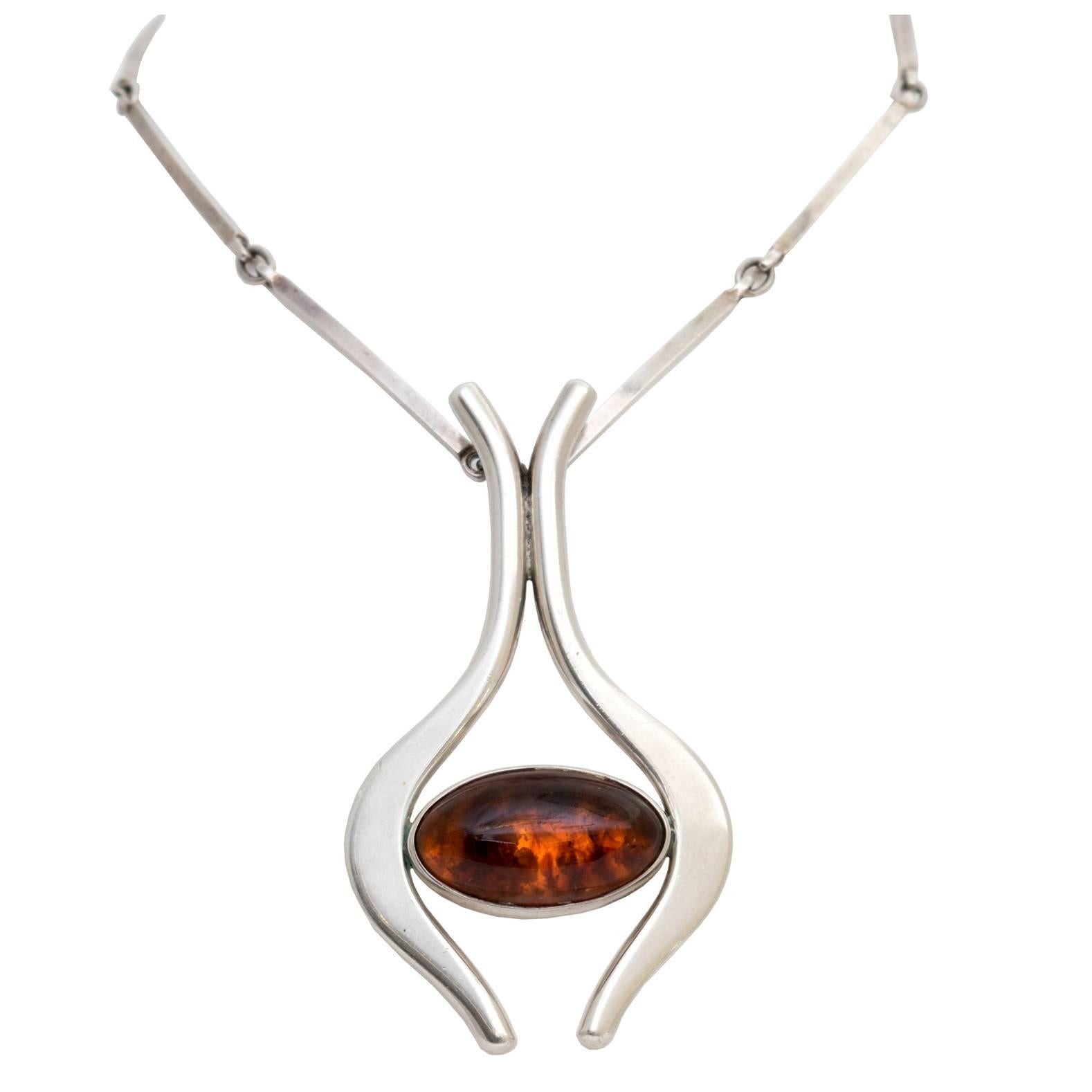 Scandinavian Modern Silver and Amber Necklace by Niels Erik From, Denmark