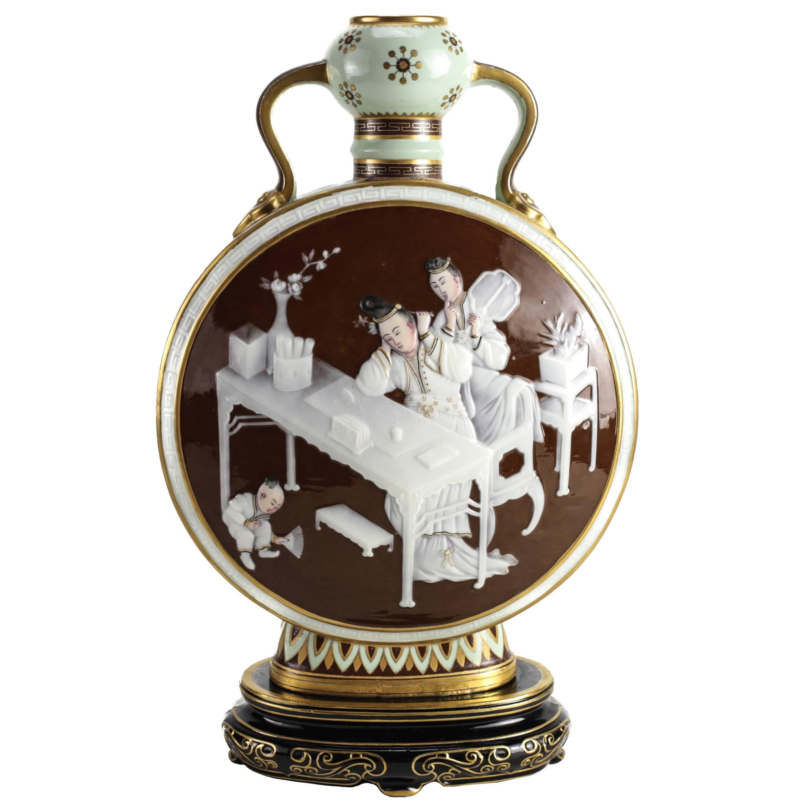 Pate-Sur-Pate Decorated Porcelain Moon Flask by Mintons, 1876 For Sale