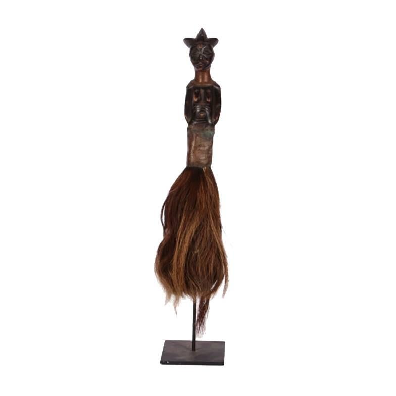 African Carved Wood and Copper Horse Hair Fly Whisk