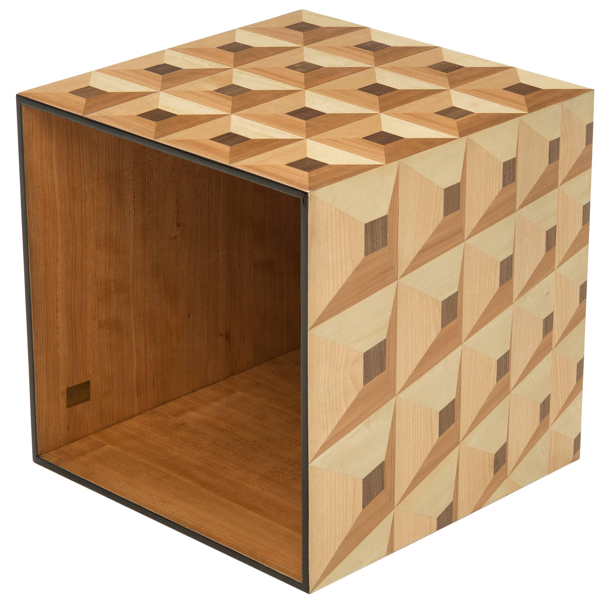Moonlight Kaleidoscope Side Table Cube in Wood Marquetry For Sale