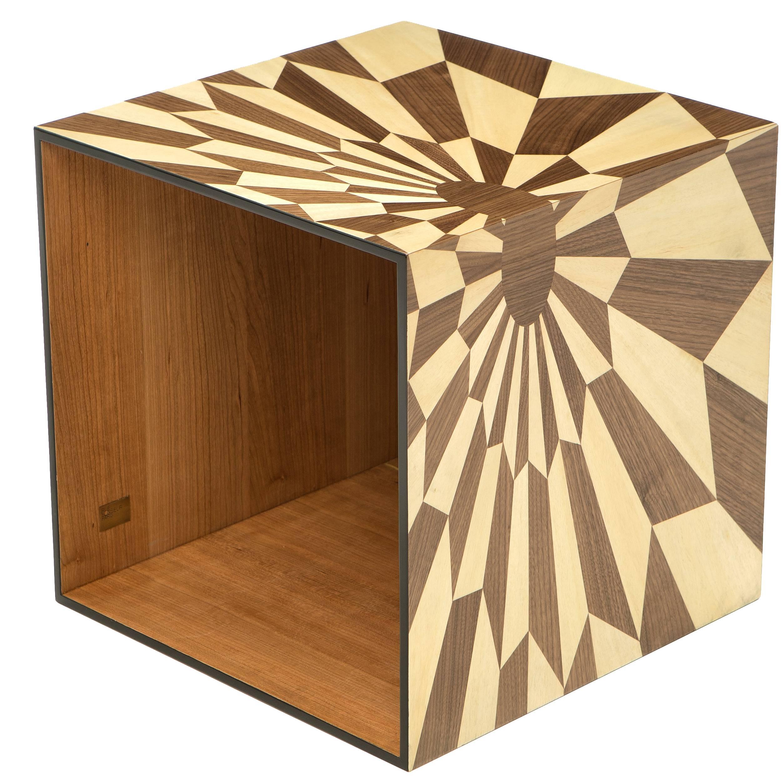Tectonic Silence Side Table Cube in Wood Marquetry For Sale