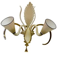 Beautiful Two Arms Murano Glass Sconce with Big Leaves in Topaz Color
