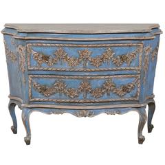 Exquisite Italian Rococo Style Blue Chest with Floral Swag Carvings
