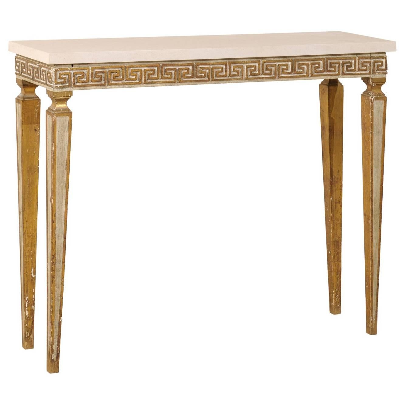 Italian Vintage Greek Key Console Table with Marble Top and Fluted Legs