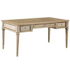 French Painted Desk with Leather Top, Three Drawers and Tapered Legs