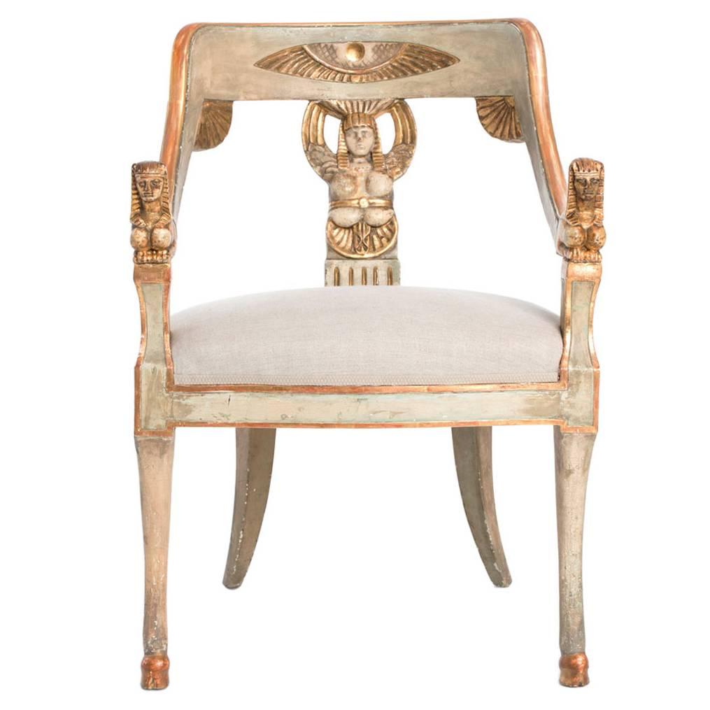 Empire Style Armchair with Carved and Gilded Egyptian Motif