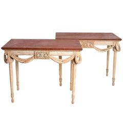 Pair of Painted Gustavian Style Console Tables with Painted Faux Tops