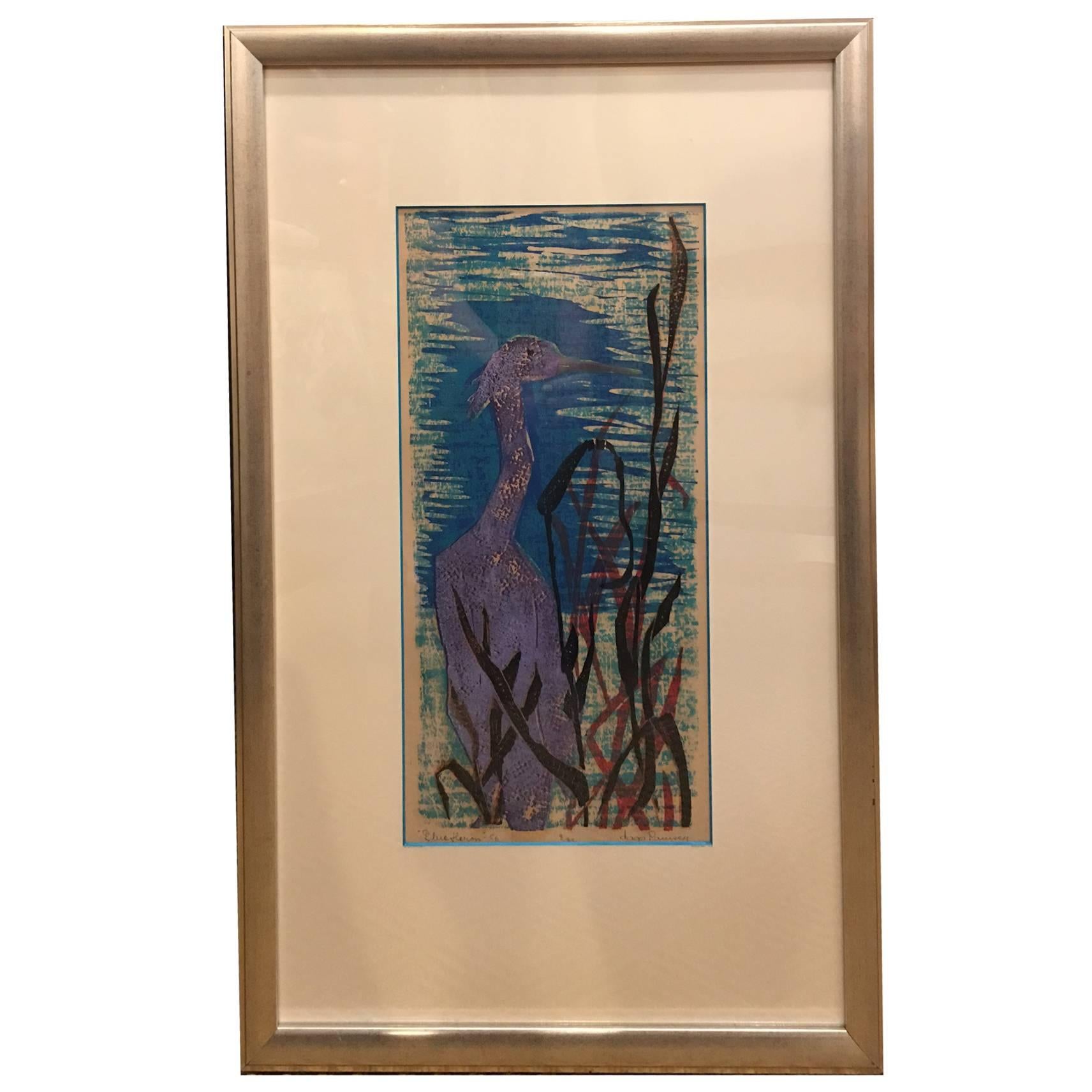 Mid-Century Woodcut by Swedish American Artist Daga Ramsey Titled "Blue Heron" For Sale