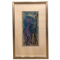 Mid-Century Woodcut by Swedish American Artist Daga Ramsey Titled "Blue Heron"