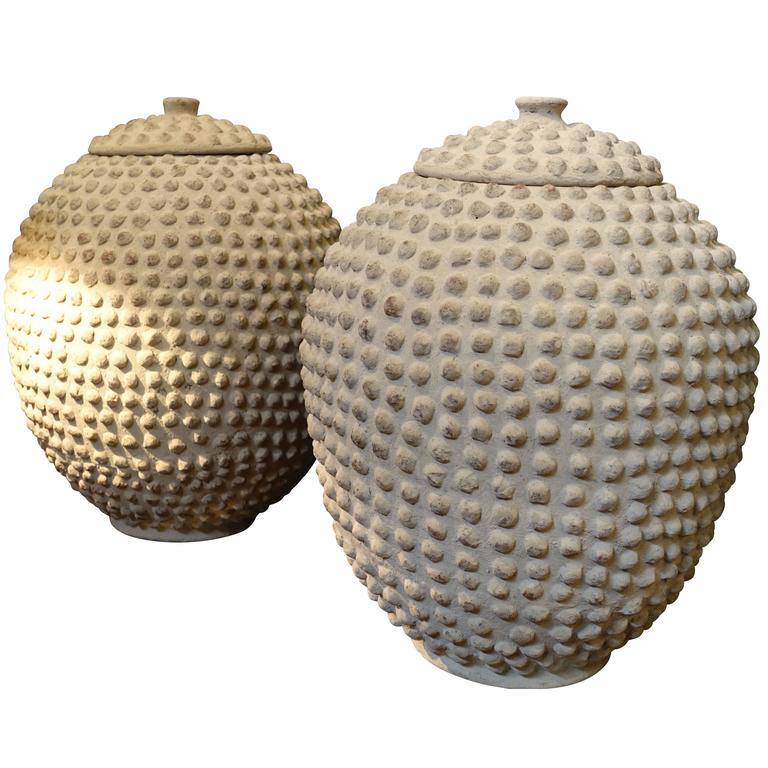 Pair of Textured Lidded Vases, Africa, 1950s at 1stdibs