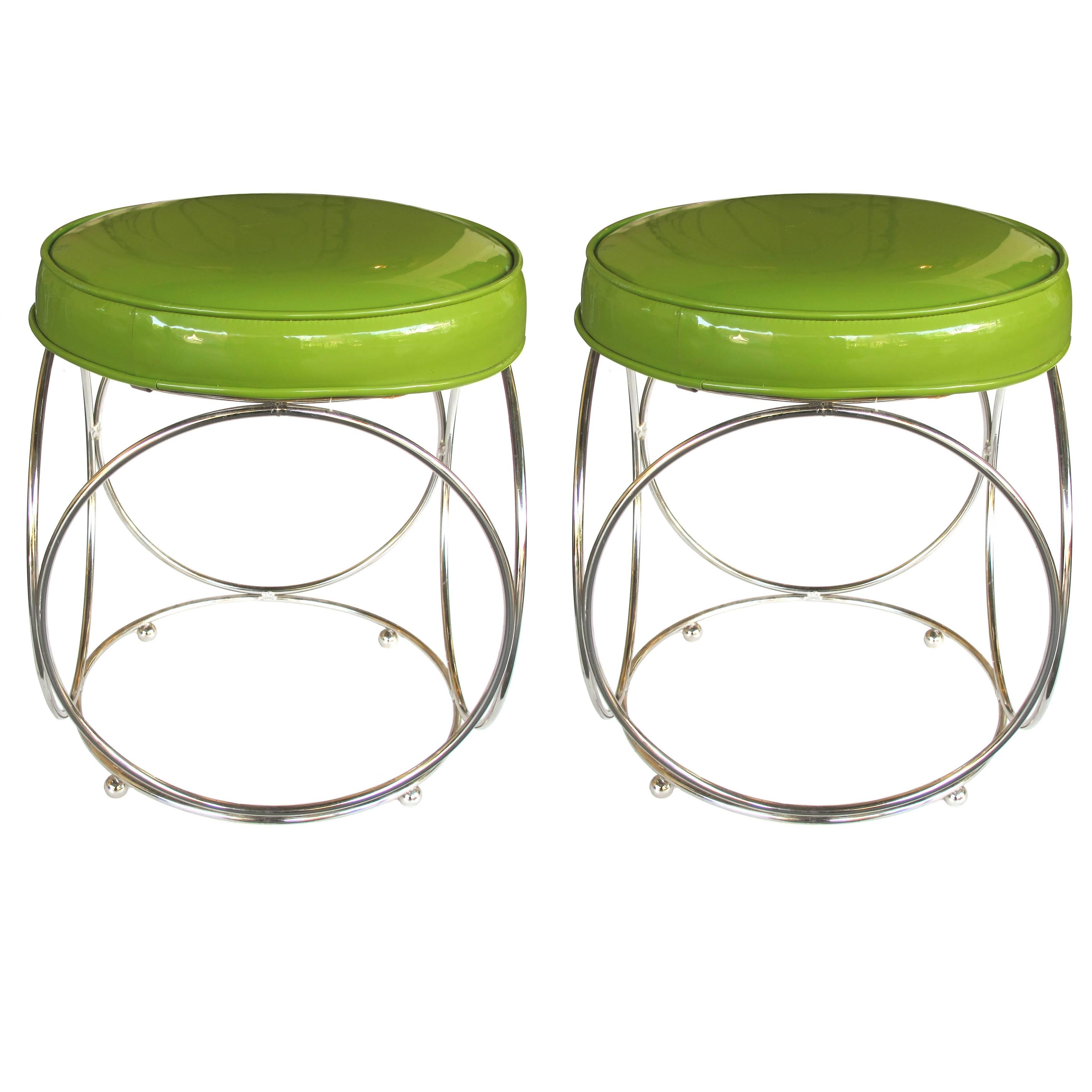 Cool Pair of American George Koch & Sons Chrome Stools W Apple Green Vinyl Seats