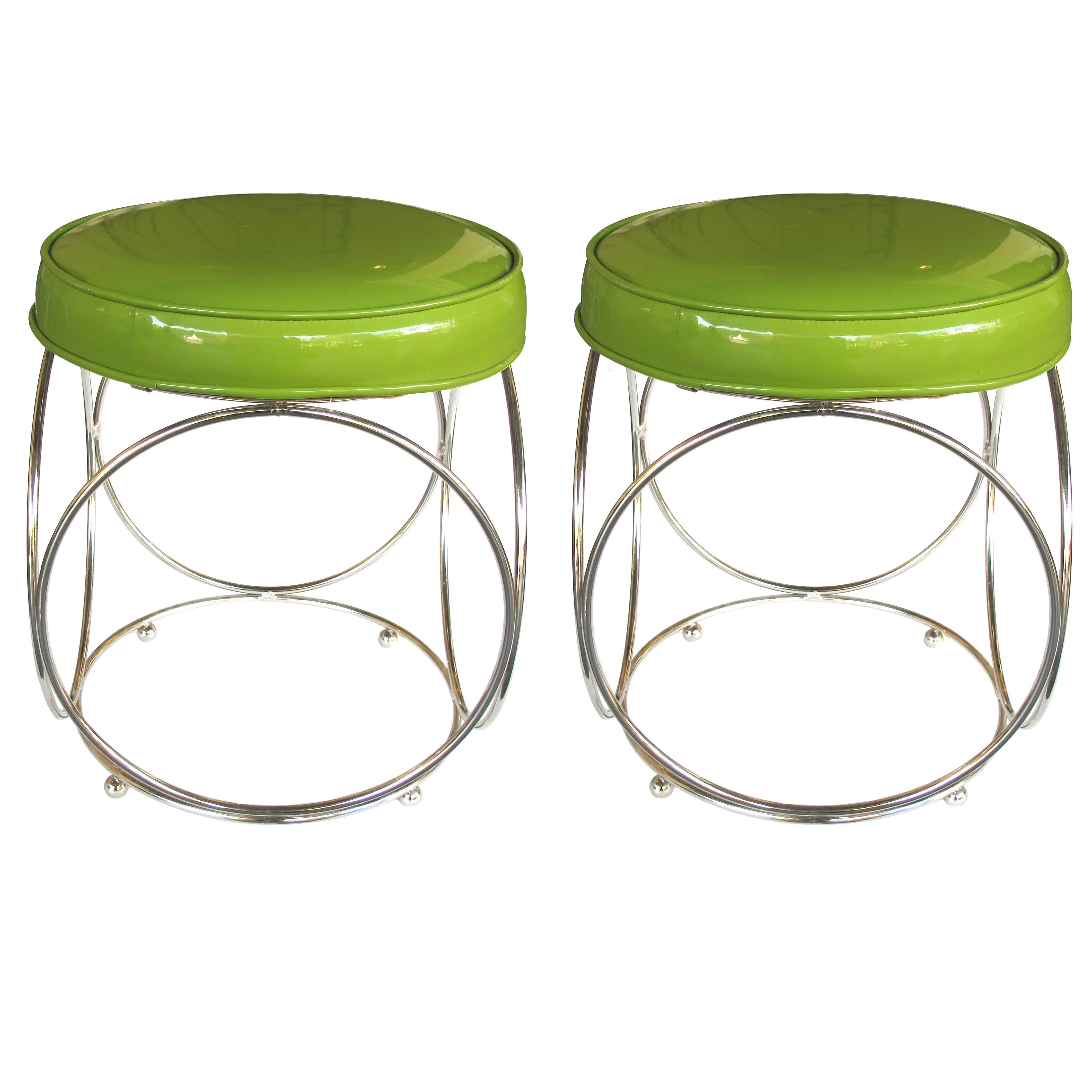 Cool Pair of American George Koch & Sons Chrome Stools W Apple Green Vinyl Seats