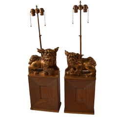 Vintage Pair of James Mont Gilt Foo Dog Lamps on Cerused Oak Bases