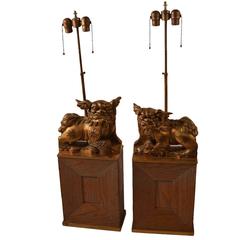 Pair of James Mont Gilt Foo Dog Lamps on Cerused Oak Bases 2