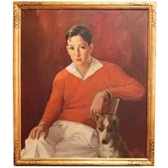 Vintage "Young Man in Red, " Brilliant, Arresting 1930s Portrait of Boy and Dog by Wiser