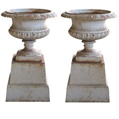 Handsome American Neoclassical Style Iron Painted Campagna Urns on Stands, pair 4