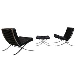 Pair of Knoll 1972 Barcelona Chairs with Ottoman by Mies Van Der Rohe