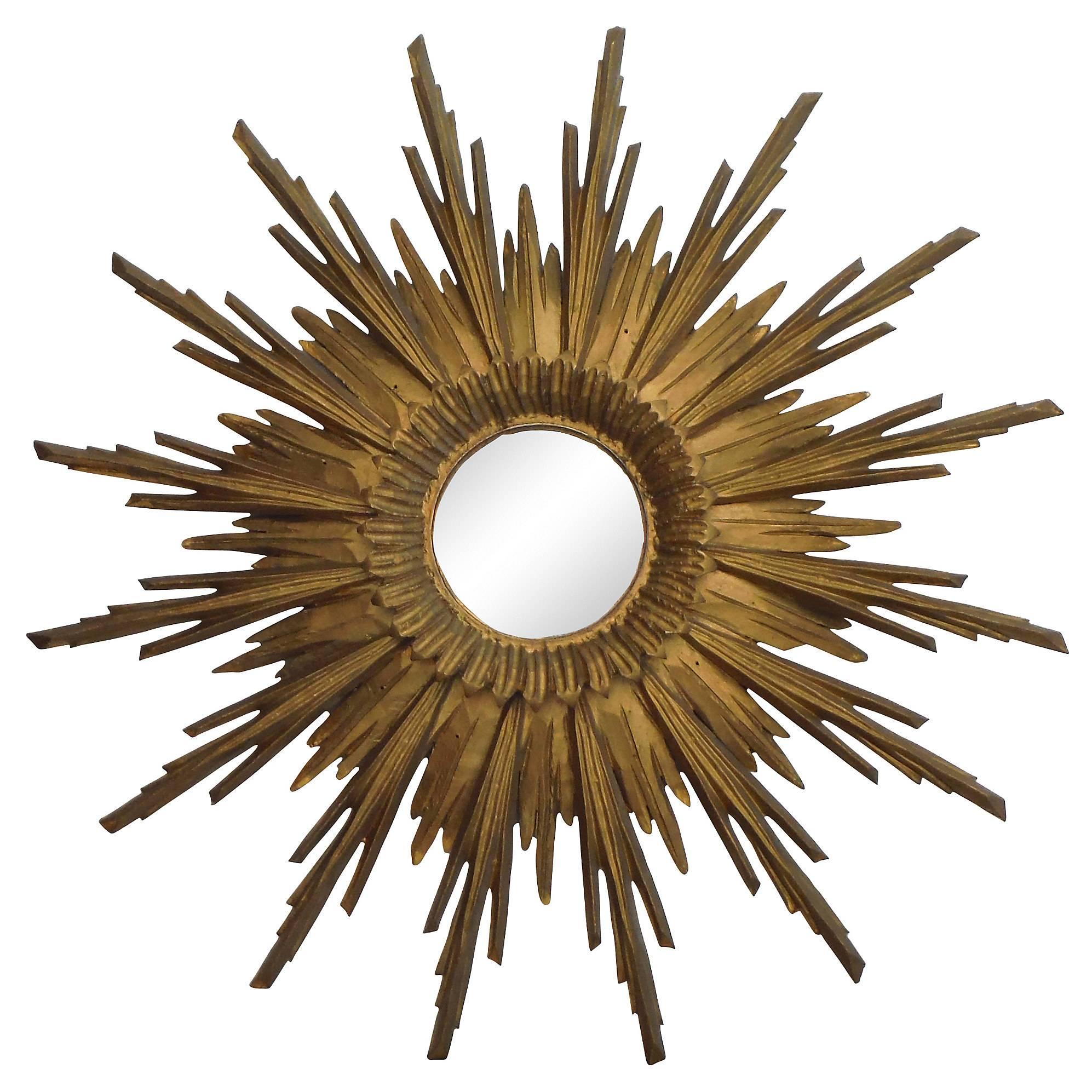 French Giltwood Sunburst Convex Mirror, circa 1950